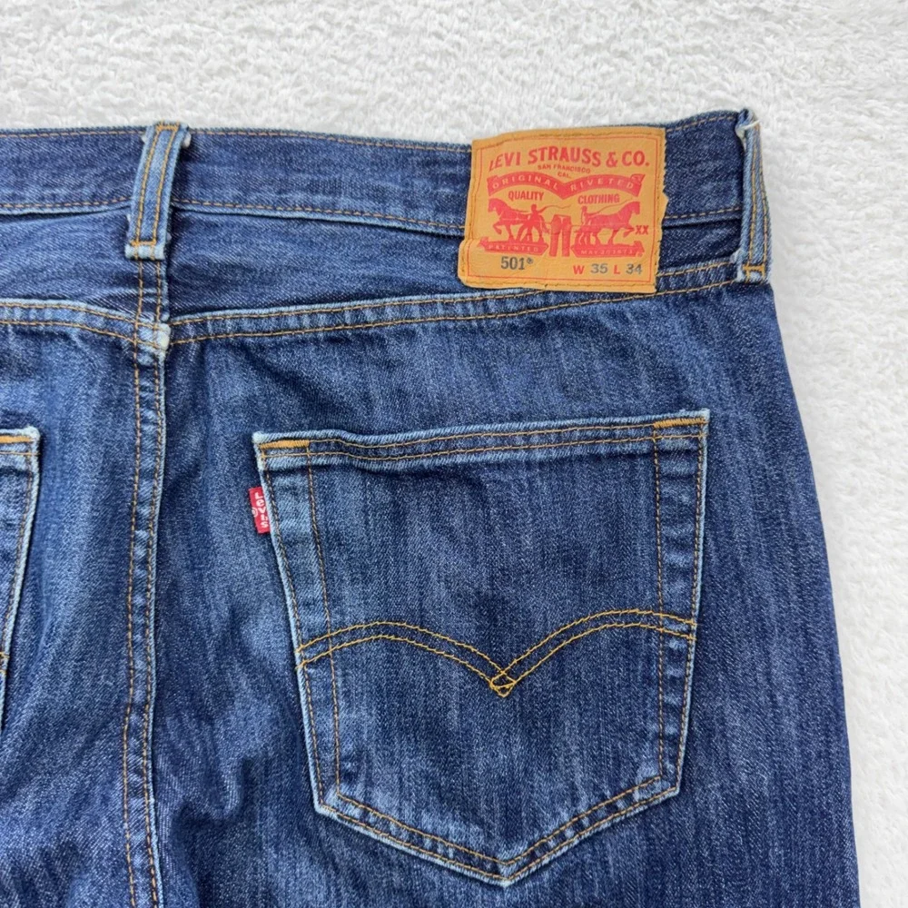 Levis 501 Original Fit Mens Jeans 35x34 Dark Wash Blue Straight Leg Button Fly